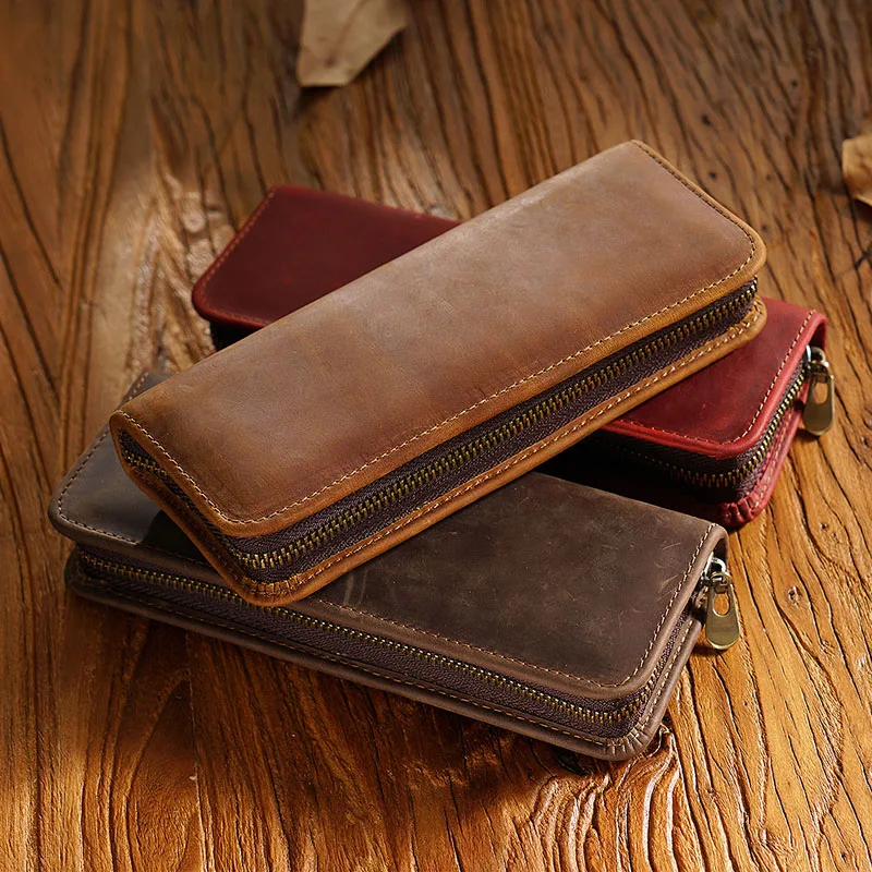 First Layer Cowhide Pencil Case Pencil Bag Retro Crazy Horse Leather Square Zipper Leather Creative Pencil Case