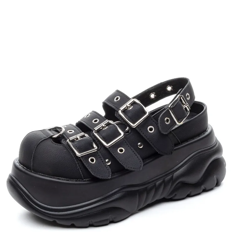 

Women's Platform Sandals New Summer Height Increase 8cm Muffin Heel Rear Tripple Strap Rivet Belt Buckle Thin Round Head