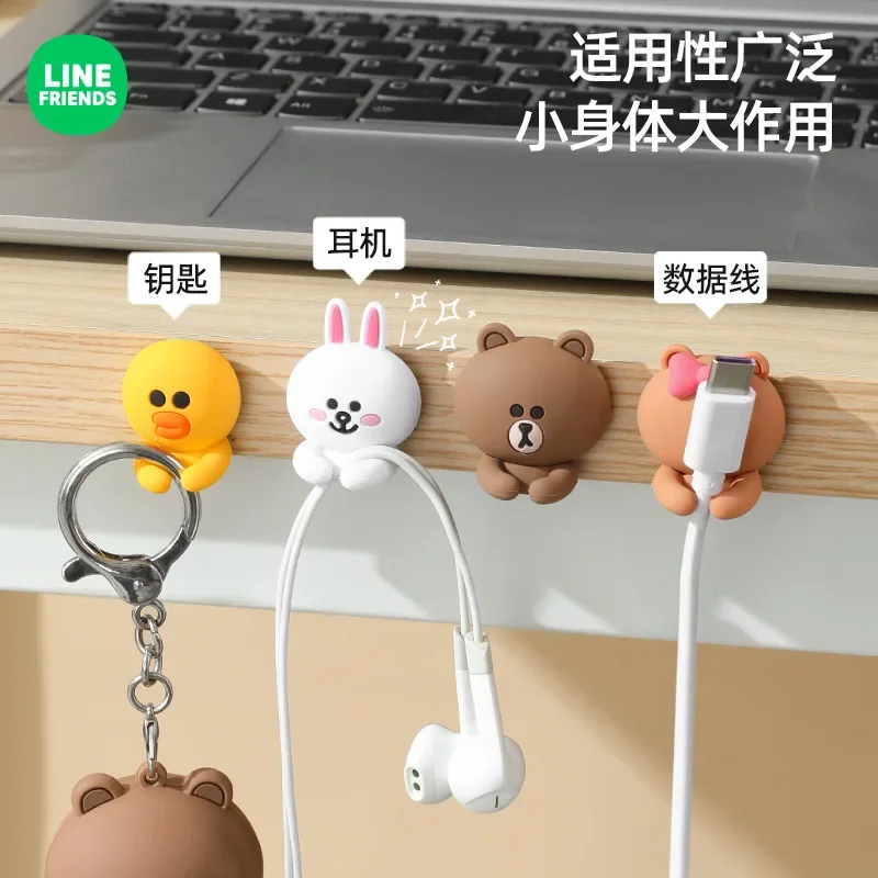 LINE FRIENDS BROWN Doll Data Cable Storage Holder New Anime Kawaii Punch Free Mobile Charging Cable Holder Desktop Cable Manager