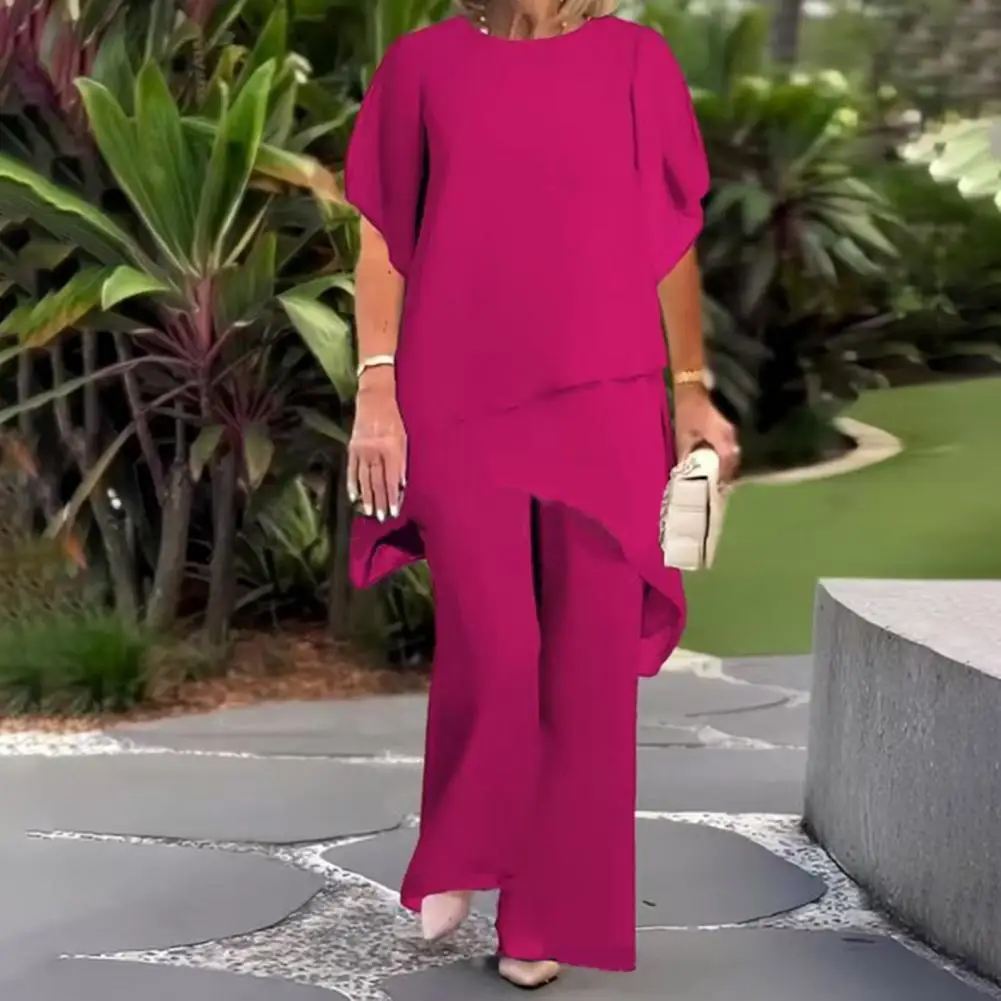 Lightweight Summer Suit Women's 2-piece Chiffon Set Plus Size Wide Leg Pants Ruffle Layers V-neck Top Casual Office for Spring