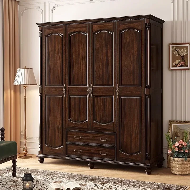7.16-c13  solid wood wardrobe retro rustic four-door wardrobe home bedroom black walnut door storage locker