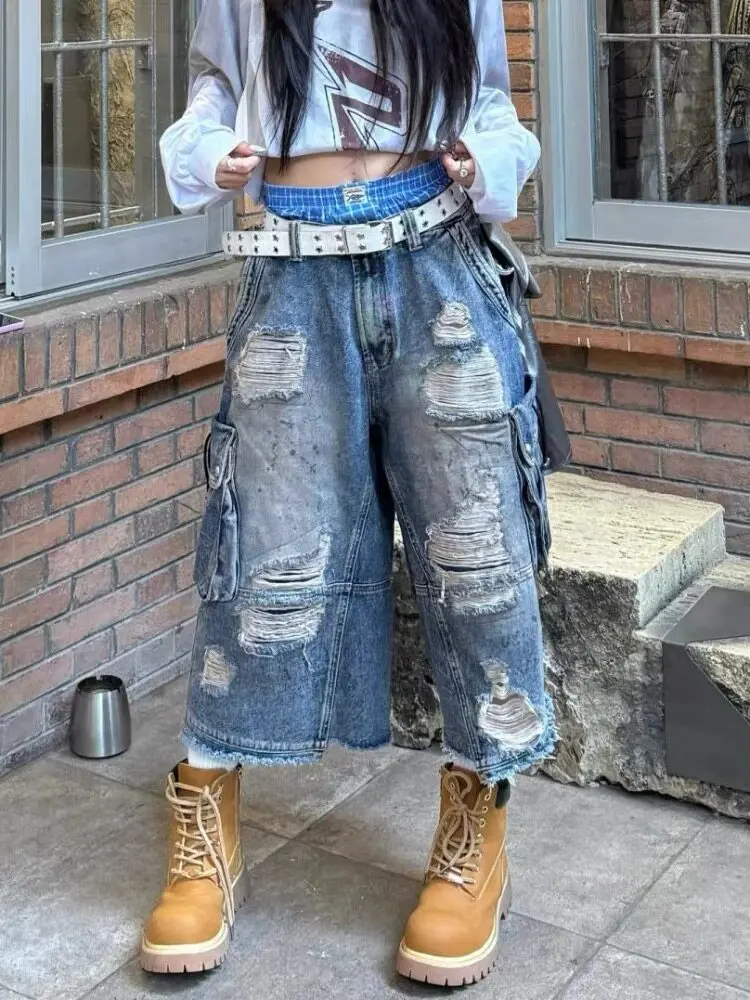 2026 Summer Women American Retro Jorts Jean Ripped Shorts Japanese Y2K 2000s Goblin Core Punk Calf-Length Denim Pants Boyfriend