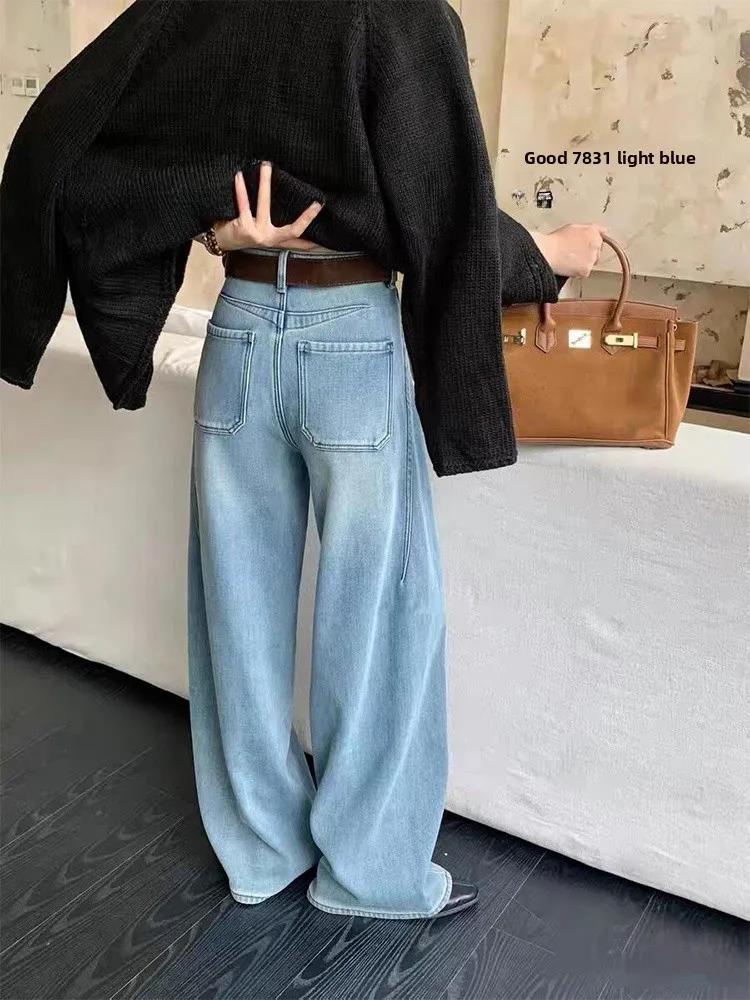 

Ретро американские светло-голубые широкие джинсы с высокой талией, женские зимние новые свободные утягивающие прямые брюки длиной до пола Fce