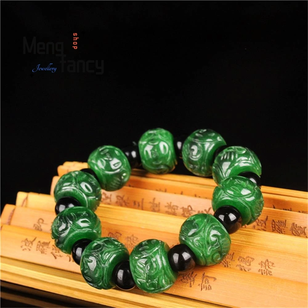 Natural Burma Jadeite Dry Green Carved Bracelet Retro Charms Fashion Emerald Fine Jewelry Amulet Men Women Luxury Holiday Gifts