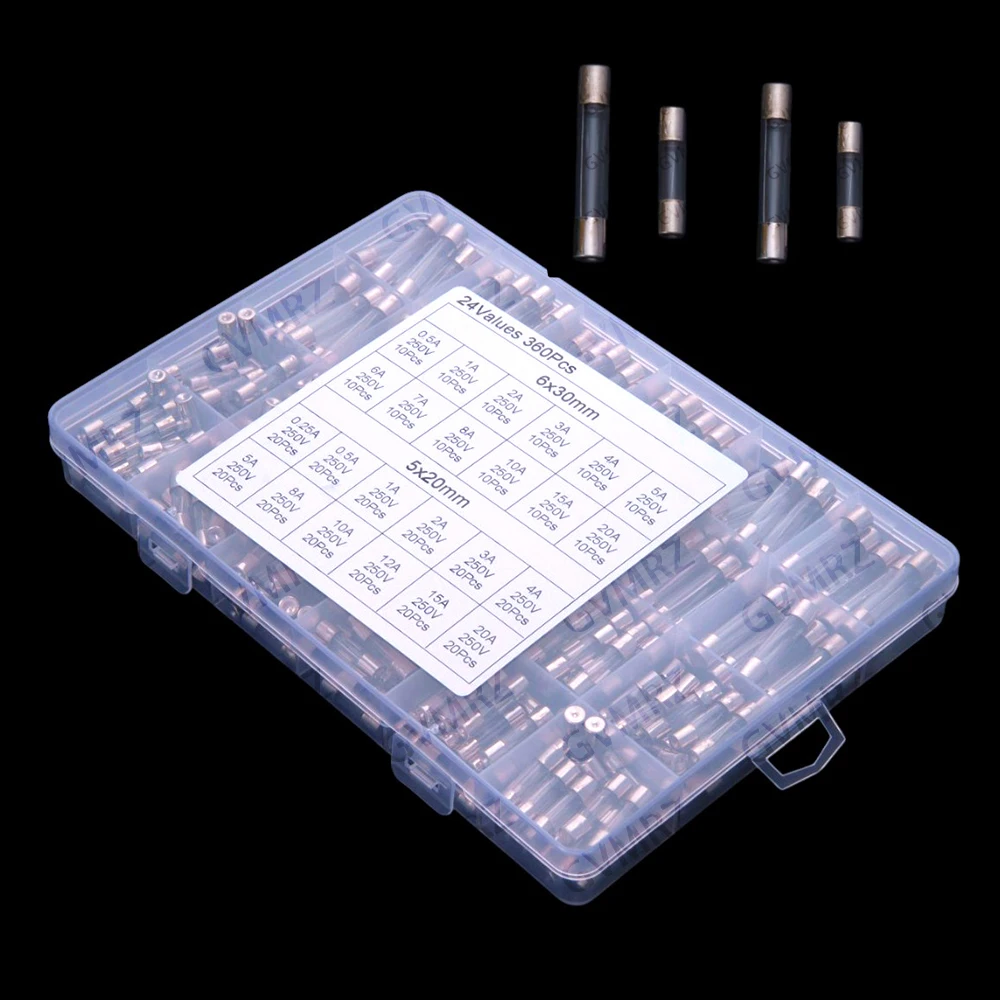 24Values 0.25A-20A 0.25A 0.5A 1A 2A 3A 4A 5A 8A 10A 360PCS 5x20 6x30 Glass fuse kit  12A 15A 20A 250V 6A 7A