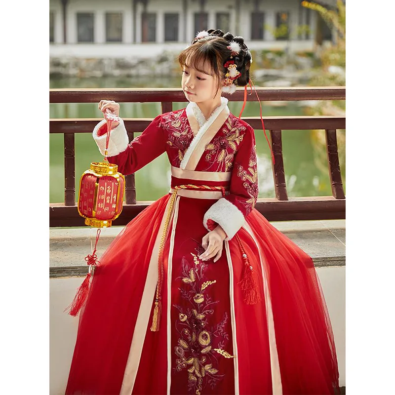 Girls' Hanfu Chinese New Year's Clothing Children's Warm Tang Suit Kids Winter Plus Velvet Embroidery Party Dress With Cloak