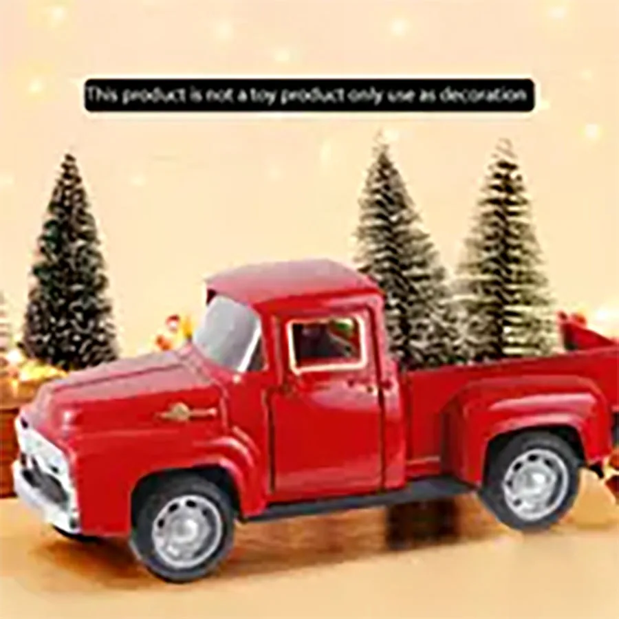 1pc Red Truck Christmas Decor, Vintage Christmas Truck With Mini Christmas Trees For Christmas, Red Metal Pickup Truck Car Model