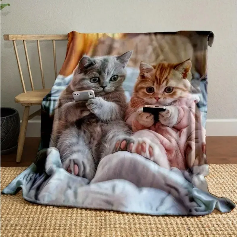 VIKAMA Cat-Print Flannel Blanket Soft and Skin-Friendly Living Room Sofa Nap Throw Warm Autumn/Winter Office Rest Blanket