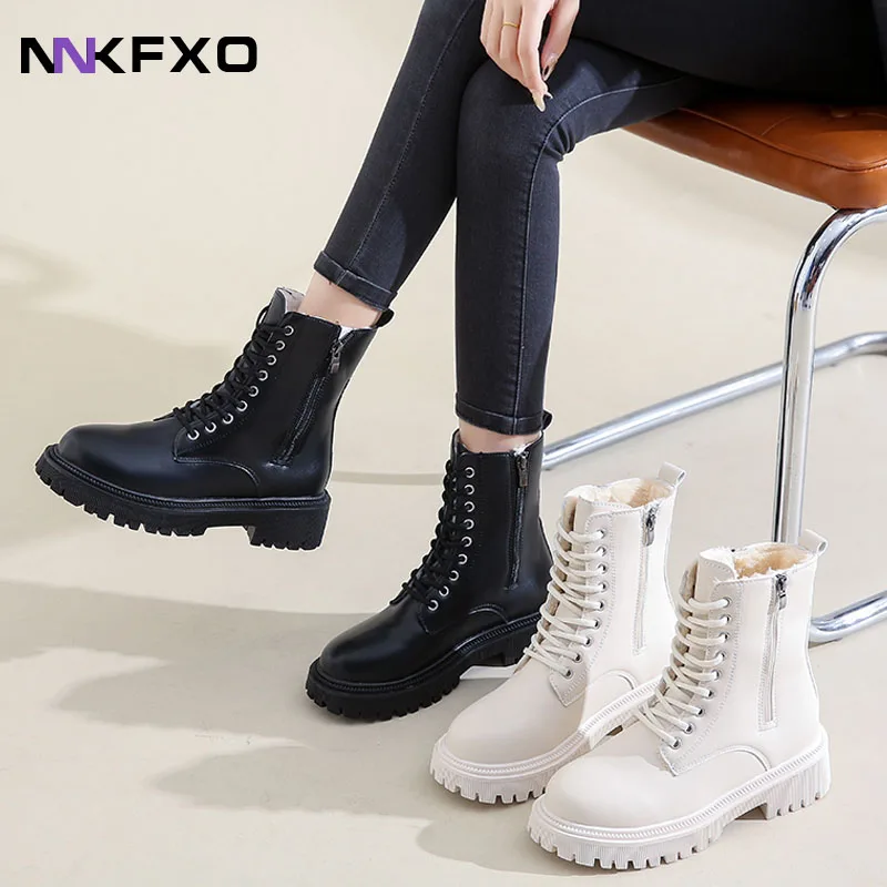 

Winter Thicken Plush Ankle Boots Women New Warm Pu Leather Snow Boots Woman Black Winter Lace-Up Flat Heels Cotton Shoes bc7308