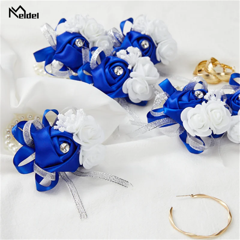 Set di 6 corpetti da polso rosa blu royal, fiori per matrimonio, ballo di fine anno, damigella d'onore, ragazza, madre, donna, braccialetto rosa, fiori a mano