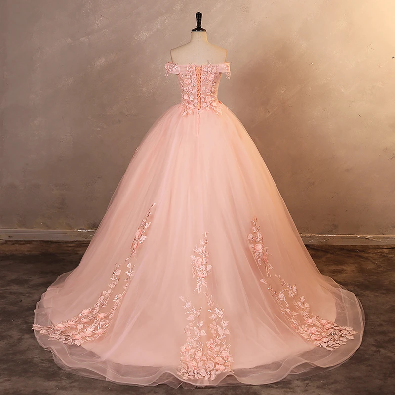 متوفر فستان حفلة وردي مع قطار رخيص 15 فساتين Quinceanera زهرة حلوة فستان حفلات رسمي فستان رخيص حسب الطلب