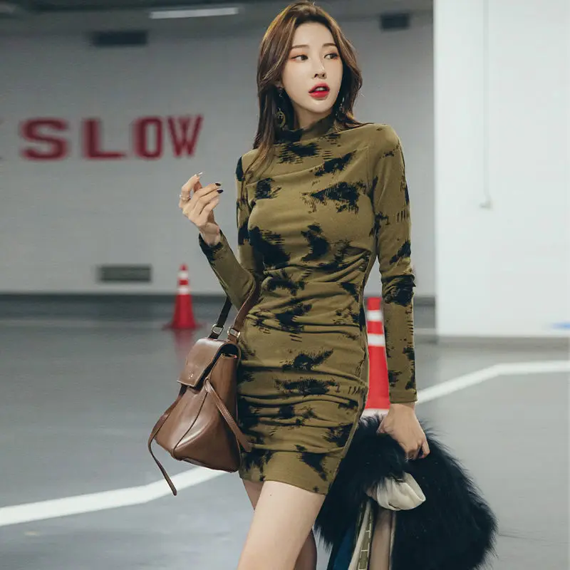 

Spring Autumn New Slim Printing Mini Dress Long Sleeve O-Neck All-match Sexy Ladies Dresses Fashion Vintage Women Clothing