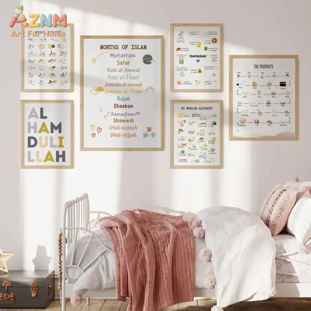 AZNM Frameless Canvas Poster Islamic Educational Print, Arabic Alphabet Islamic Months Prophets Learning Chart Alhamdulillah Wal
