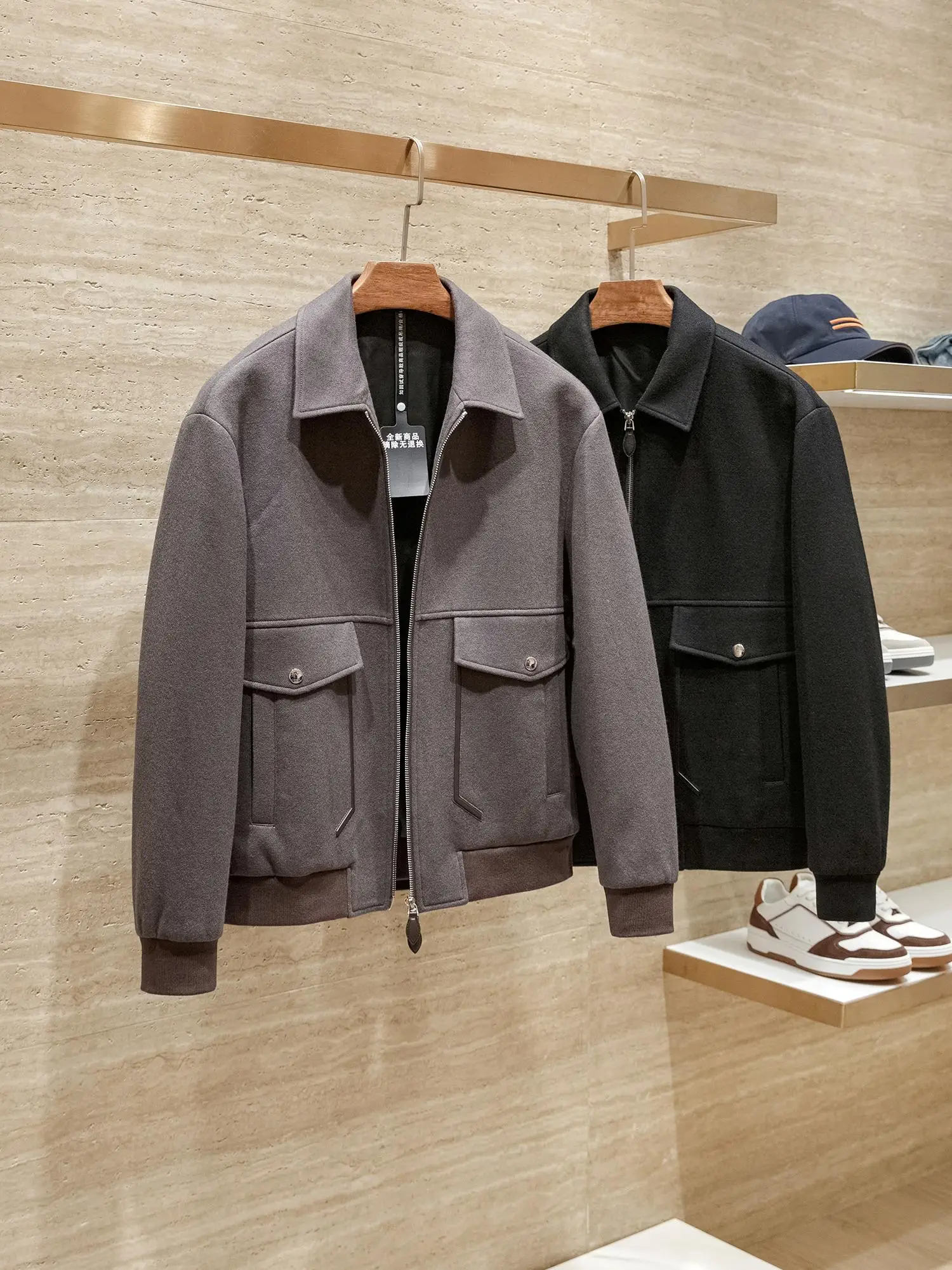 Italiaanse Sle Gentleman Wolmix Splicing Echt lederen kraag Herfst Winter Heren High End Turn Collar Tweed Jaet