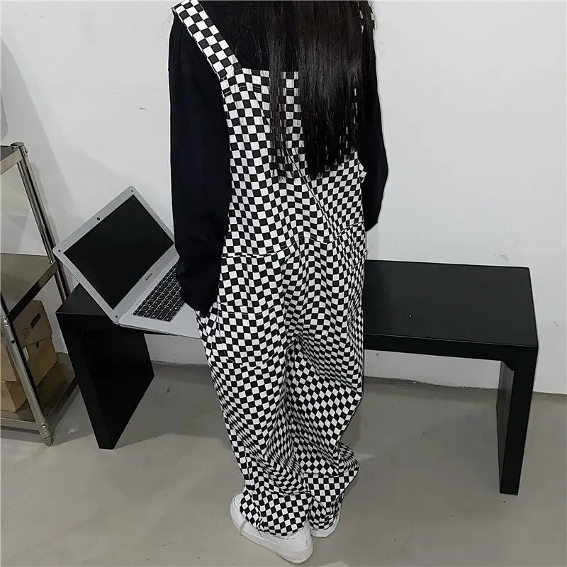 Checkerboard Baggy Jumpsuits Women Autumn New Straight Wide Leg Overalls Harajuke Casual Loose One Piece Outfit Female