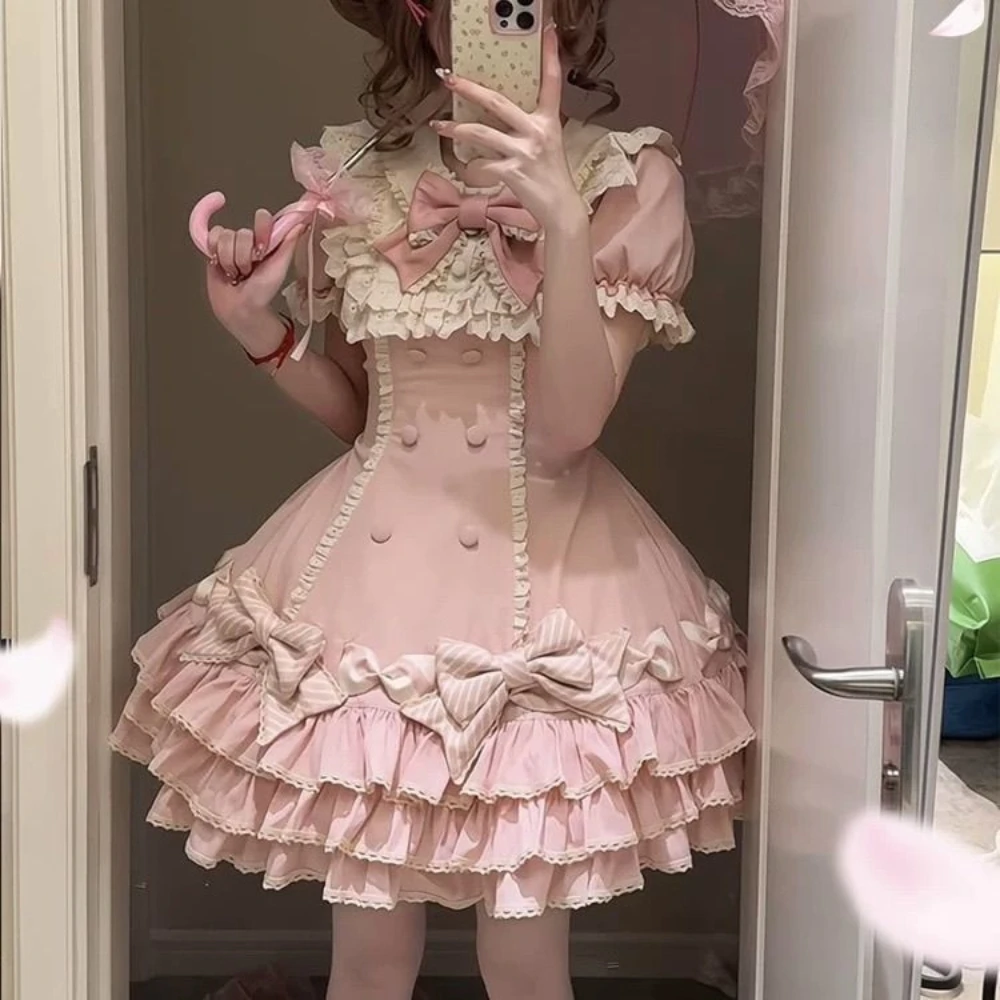 NONSAR giapponese dolce Lolita OP abito da donna carino fiocco volant vita sottile abiti da festa principessa elegante abito da torta Miss Kawaii