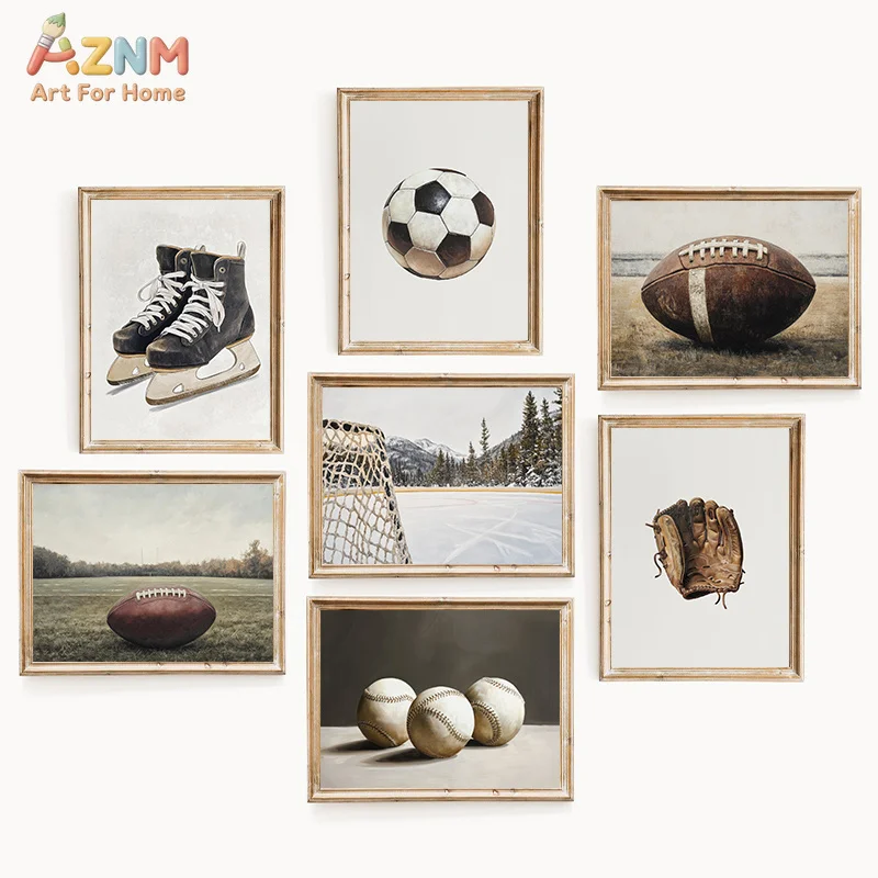 AZNM Vintage Sports Canvas Wall Art Football Soccer Ice Skate Baseball Print for Boys Room Decor No Frame