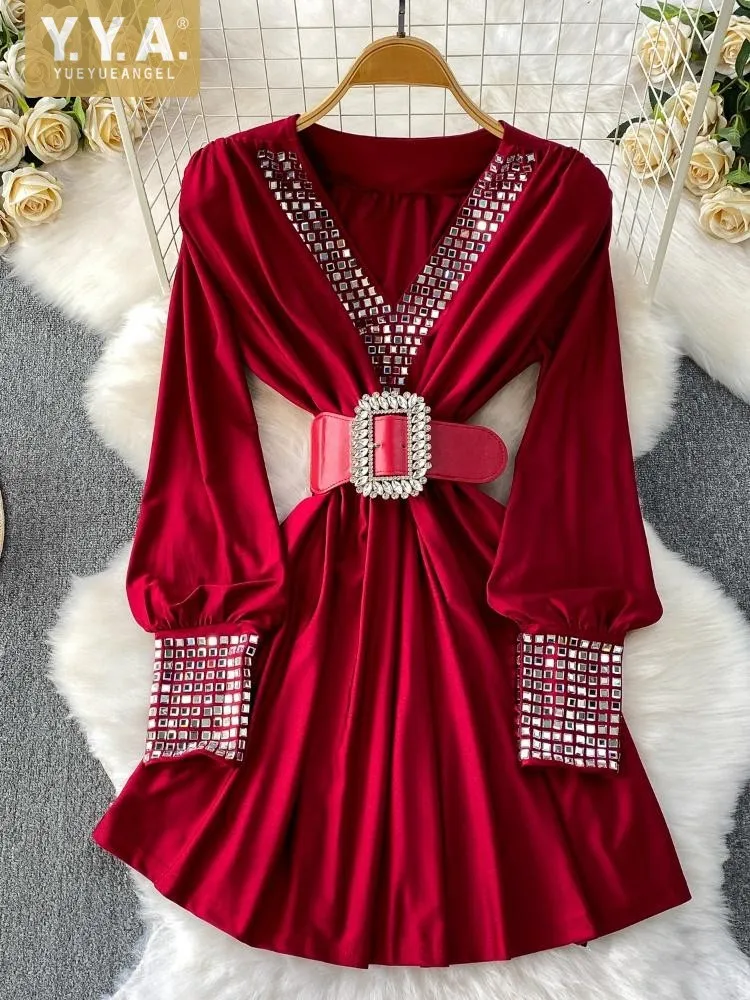 

Retro Women Fashion Diamonds Dress V-Neck Slim Fit Long Sleeve Autumn Winter High Waist Elegant Office Lady A-Line Short Dresses