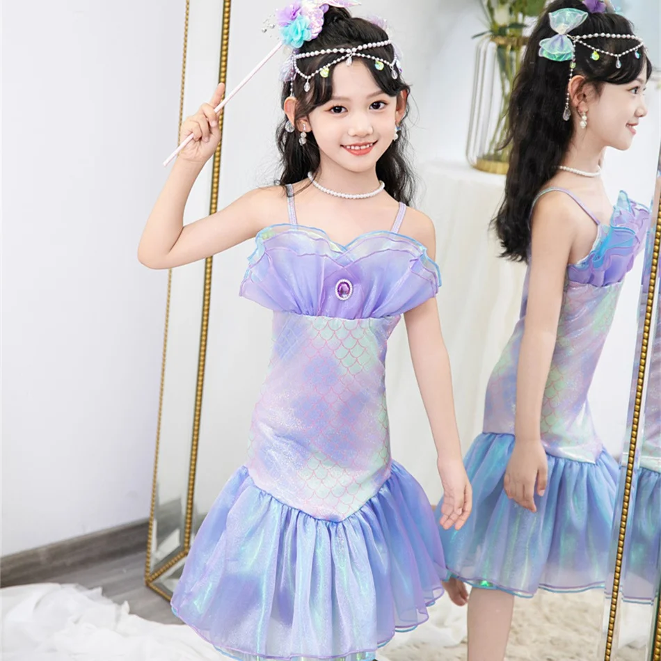 Mermaid Fairy Princess Dress Kids Ariel Cosplay Halloween Party Clothes Summer Holiday Frocks Girls Stage Performance Mesh Gown