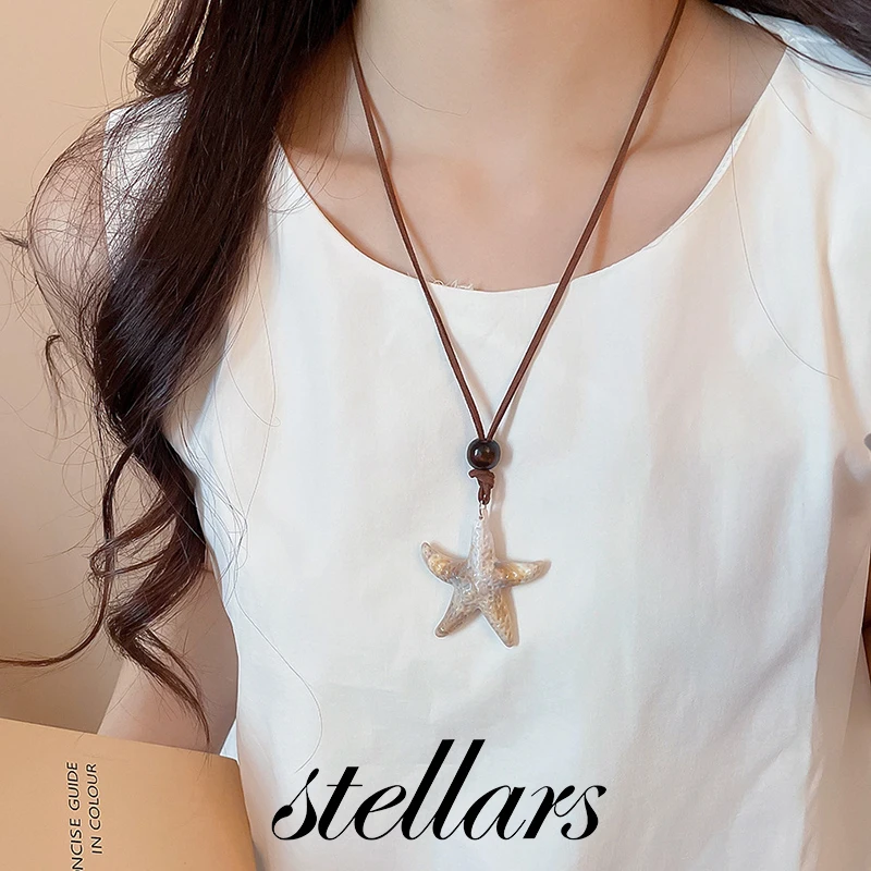 

Fashionable Leather Starfish Wood Bead Necklace Versatile Collarbone Chain Vacation Style High-End Sweater Accessory