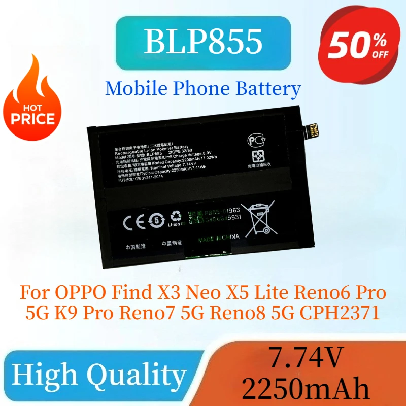 

New BLP855 2x2250mAh Mobile Phone Battery For OPPO Find X3 Neo X5 Lite Reno6 Pro 5G K9 Pro Reno7 5G Reno8 5G CPH2371 CPH2249