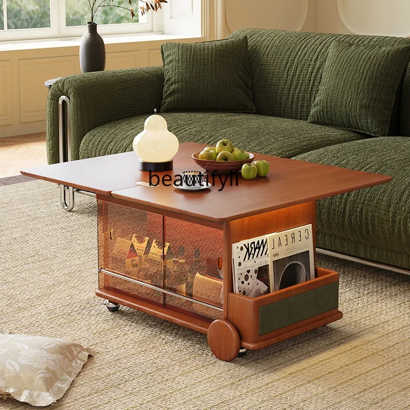 

Folding mobile coffee table solid wood medieval side cabinet living room home French sofa side few trolley