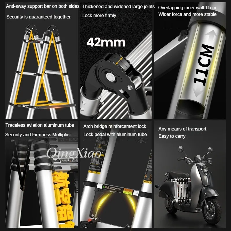 Multifunctional Aluminum Foldable Telescopic Step Ladder A Frame Extension Ladder For Household Use Safe Sturdy Portable