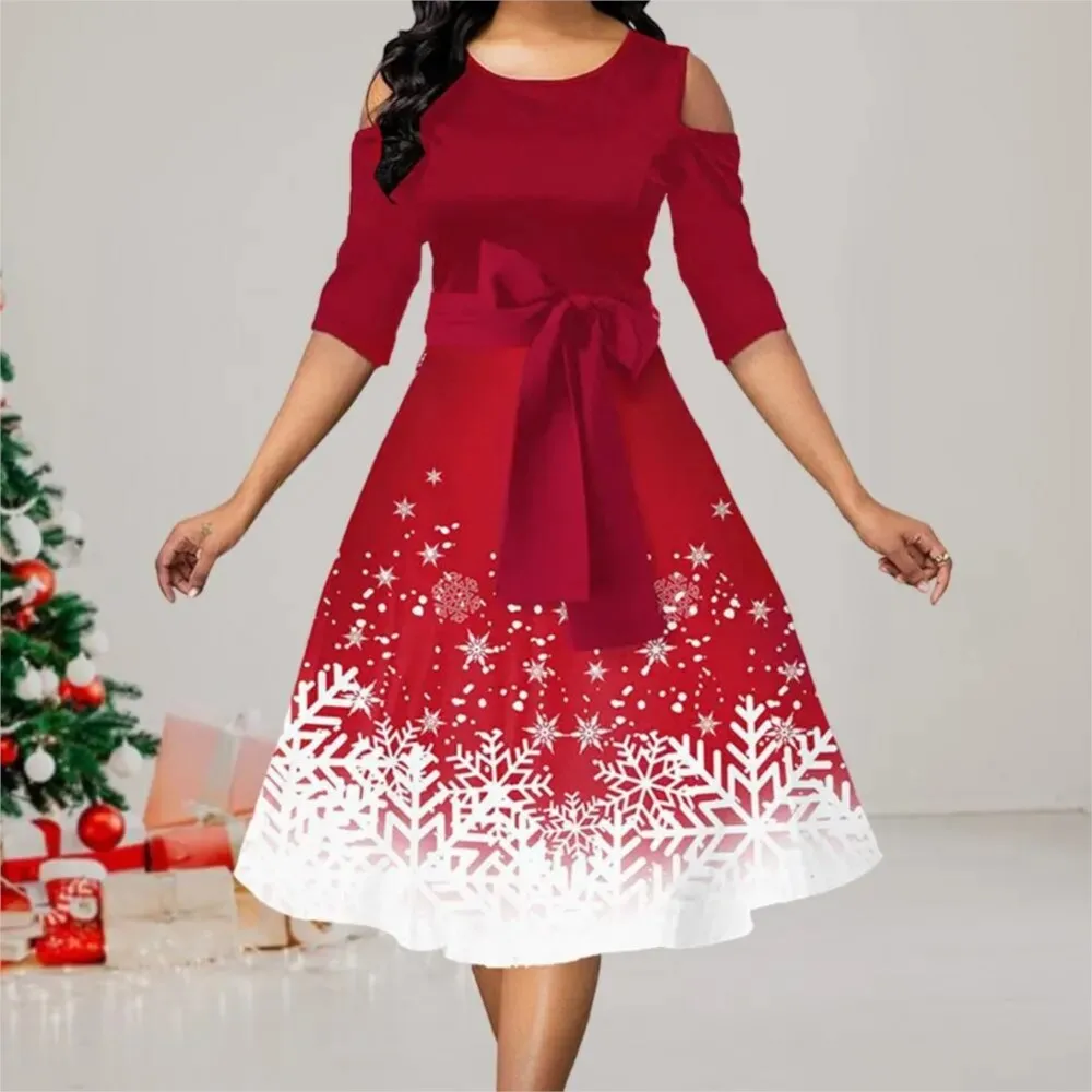 

Women's Snowflake Print 5 Quarter Sleeve Christmas Dress Elegant And Fashion Off-Shoulder O Neck Waist Belt Female A-Line Dress