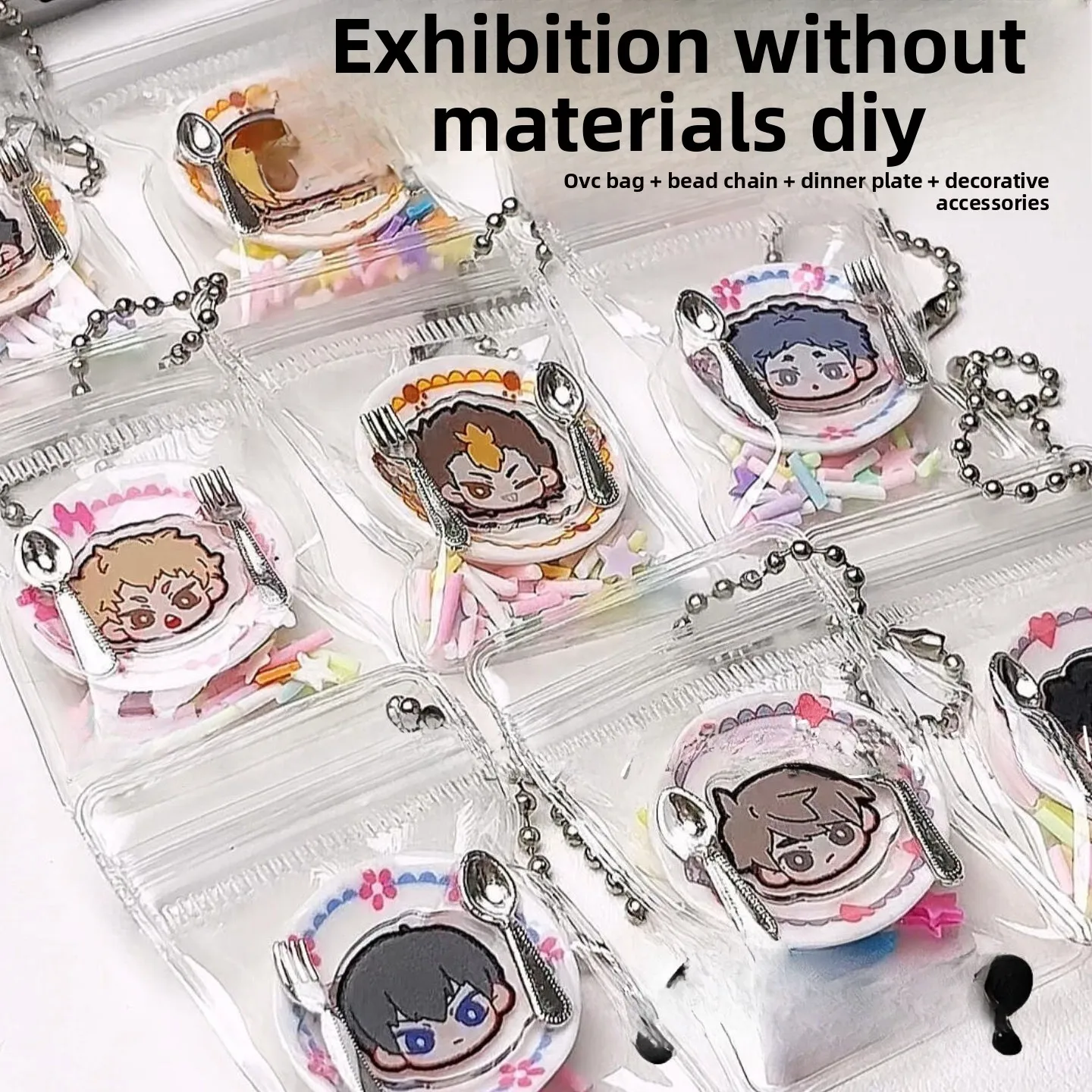 DIY Acrylic Small Dining Plate Pendant Anime Peripheral Storage Bag Metal Mini Spoon Fork Tableware Cartoon Decor Accessorie