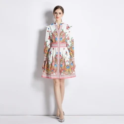 2023 New Fashion Silk Printed Dress Women's Summer Versatile V-neck Long Sleeve Loose Fit Leisure Vacation Vestidos