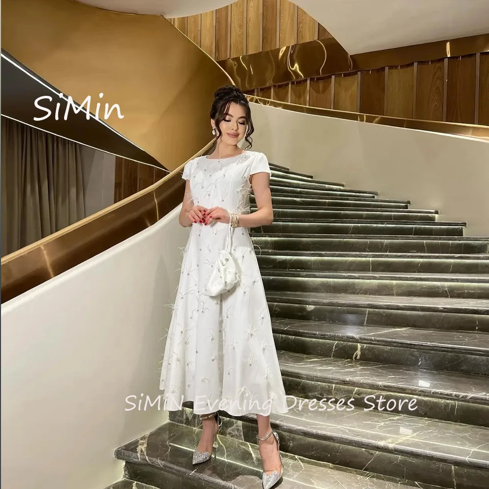 Simin Saudi O-Neck Satin Feather Ruffle Short Sleeves A-Line Simple Ankle-Length Arab Prom Evening Party dresses for women 2024