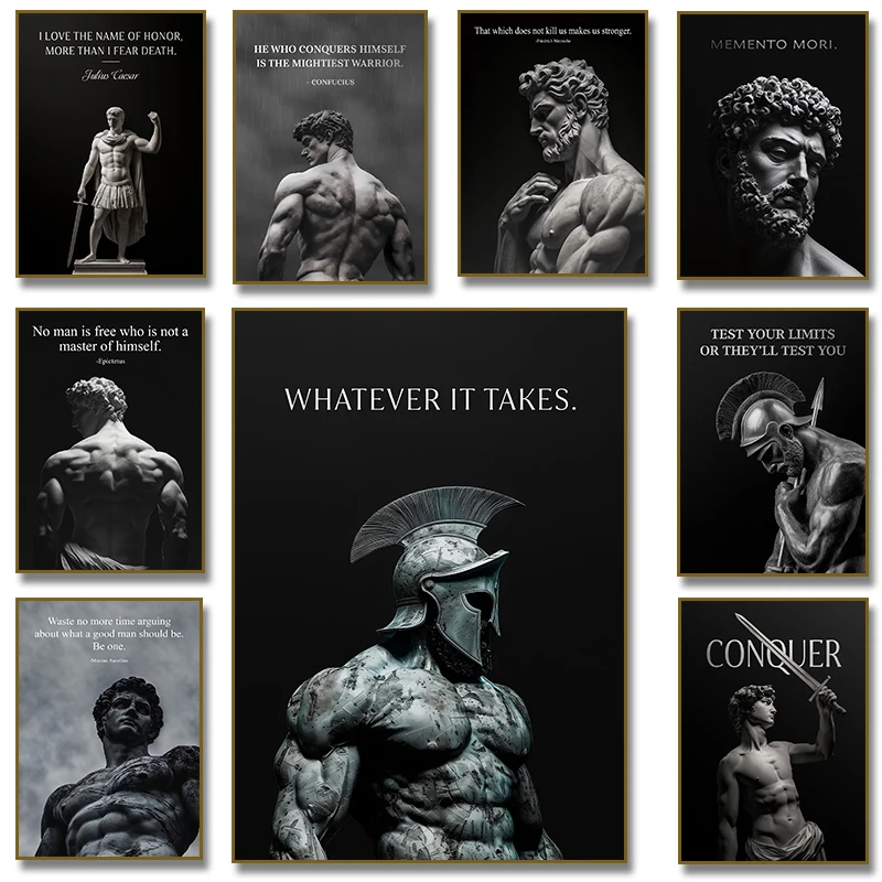 Spartan Warrior  Motivational Quote Conqueror Mindset Statue Sculpture Poster Canvas Painting Print for Living Room Home Decor