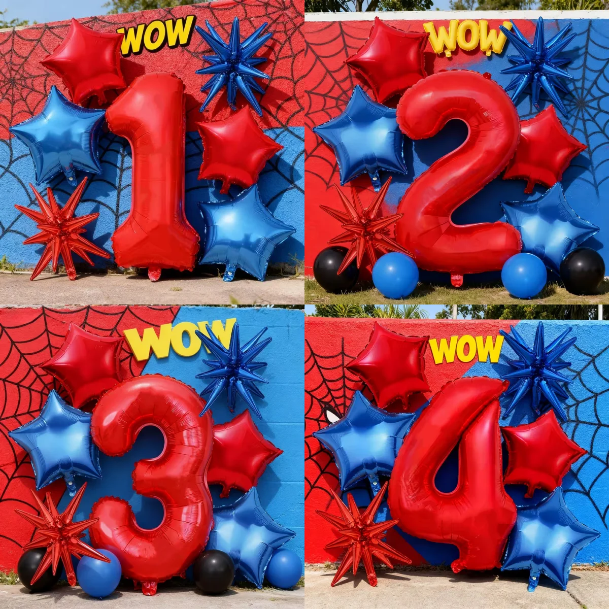 Ensemble de ballons toile d'araignée rouge et bleu, 1 ballon chiffre + 6 ballons en forme de chiffres, gonflables à l'hélium, pour décoration de fête d'anniversaire, Halloween, mariage