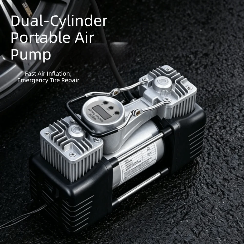 High Power Dual Cylinder Pump Multi-functional Compact Car Air Pump Oil Free Digital Display Air Compressor for Car Painting