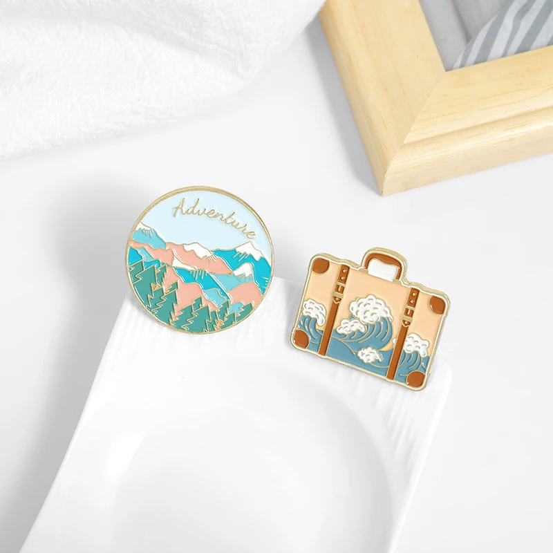 Travel Enamel Pin Adventure Tour Suitcase Journey Brooches Bag Lapel Pin Badges Mountains Oceans Wave Jewelry Gift for Friends