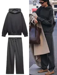 HH Women Solid Casual Sweatshirt Pant Suit Long Sleeve Hooded Fleece Pullover Coat Loose Straight Trousers Autumn Female Set