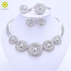 Vintage Women Clear Crystal Hollow Patterns Silver Plated African Dubai Bridal Wedding Costume Necklace Jewelry Sets