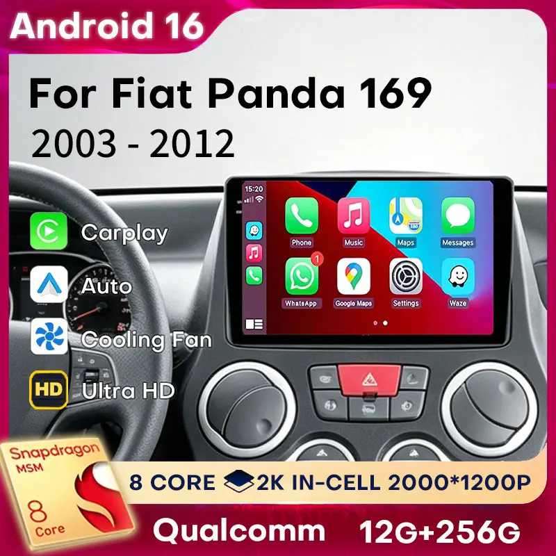 Android 16 For FIAT PANDA 2003 2004 2005 2006-2012 Car Radio Carplay Auto Multimedia Video Player 4G+5GWIFI BT Stereo 360 Camera