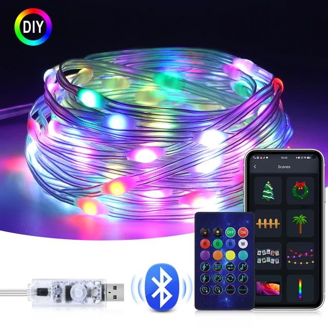 Girlanda USB 5V WS2812B Bluetooth LED String Fairy Lights Dreamcolor RGBIC Adresowalne świąteczne lampki na przyjęcie Dekoracje ślubne