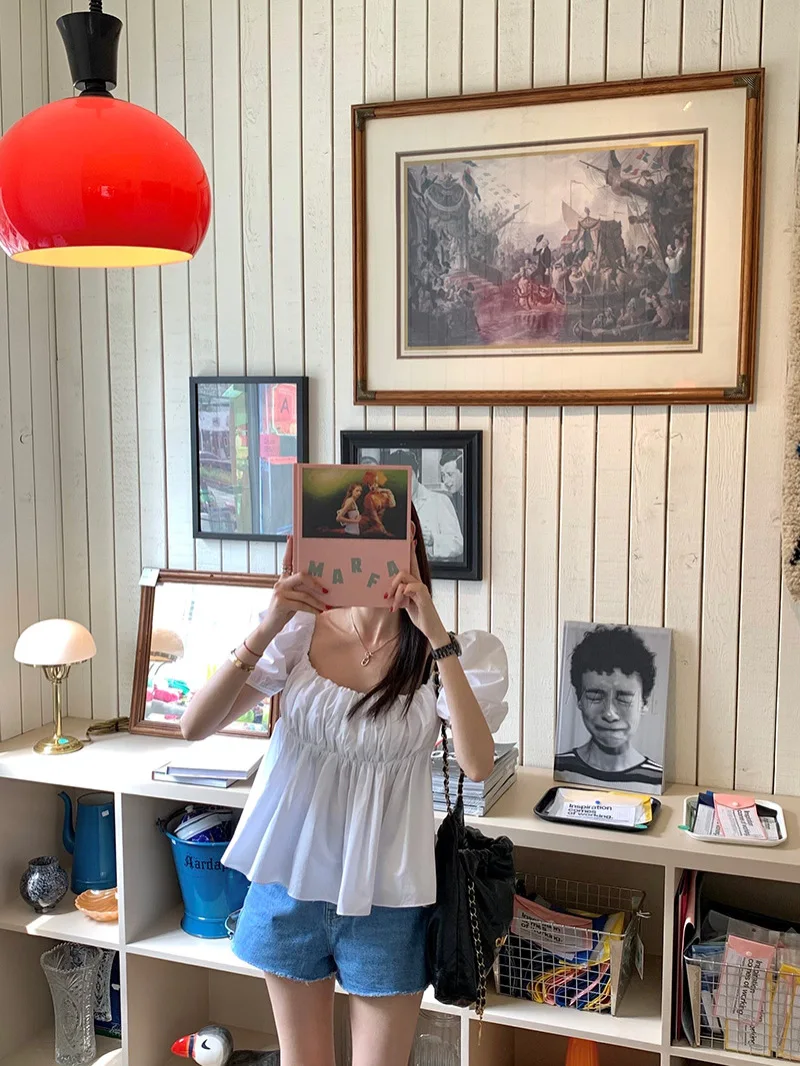 Csa e de manga de burbuja para mujer, cuello cuad, p recogido, adeazante, exposición trasera, borde de en...