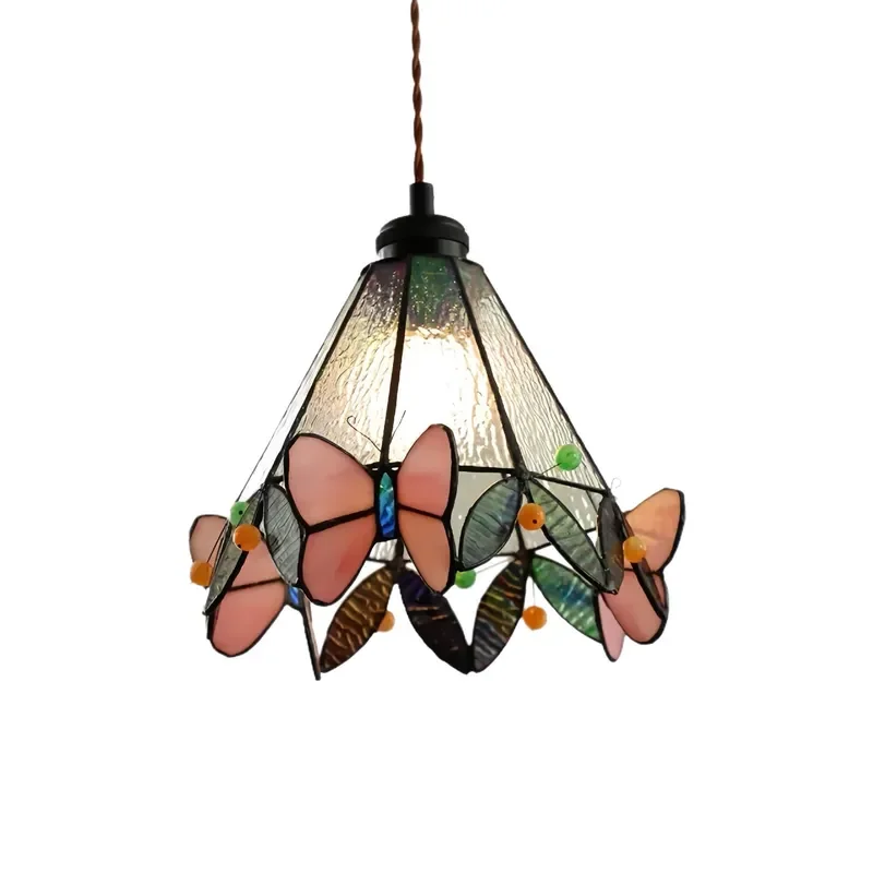 Retro Japanese Style Colored Butterfly Glass Pendant Light for Bar Counter Bedside Balcony B&B Small Chandelier