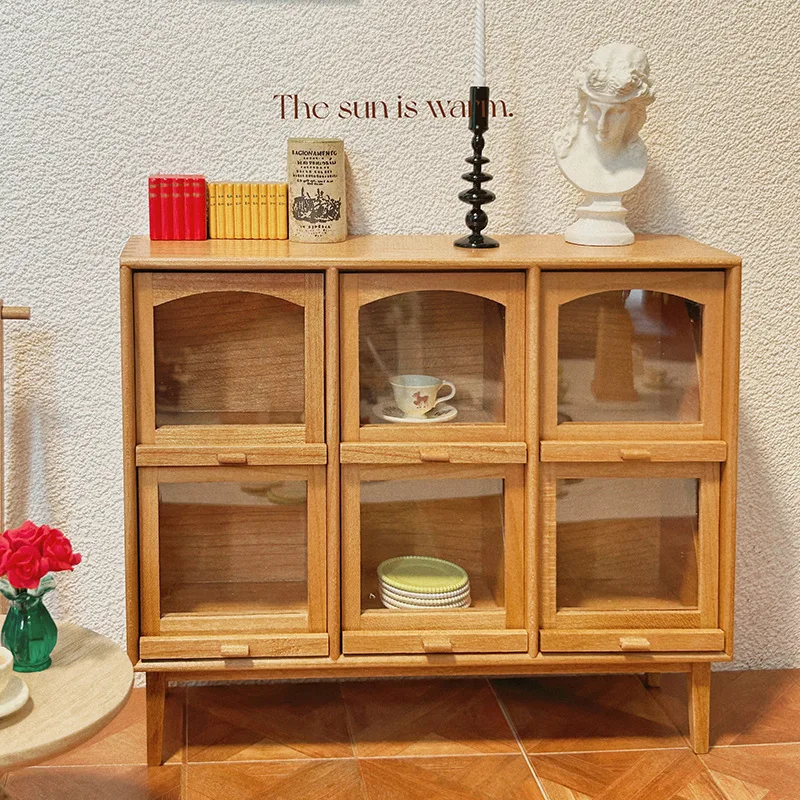 1:12 Mini Storage Cabinet Doll House Accessories 6-compartment Storage Cabinet Model Retro Wabi-Sabi Style Wooden Furniture