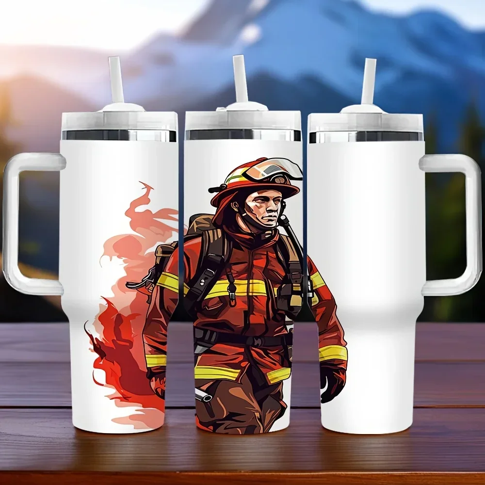 40oz Insulated Tumbler with Handle And Straw, Firefighter Pattern Print, Great Holiday Birthday Gift for Firefighter Enthusiasts, Long Term Insulation for Daily Commuting And Outdoor Scenarios