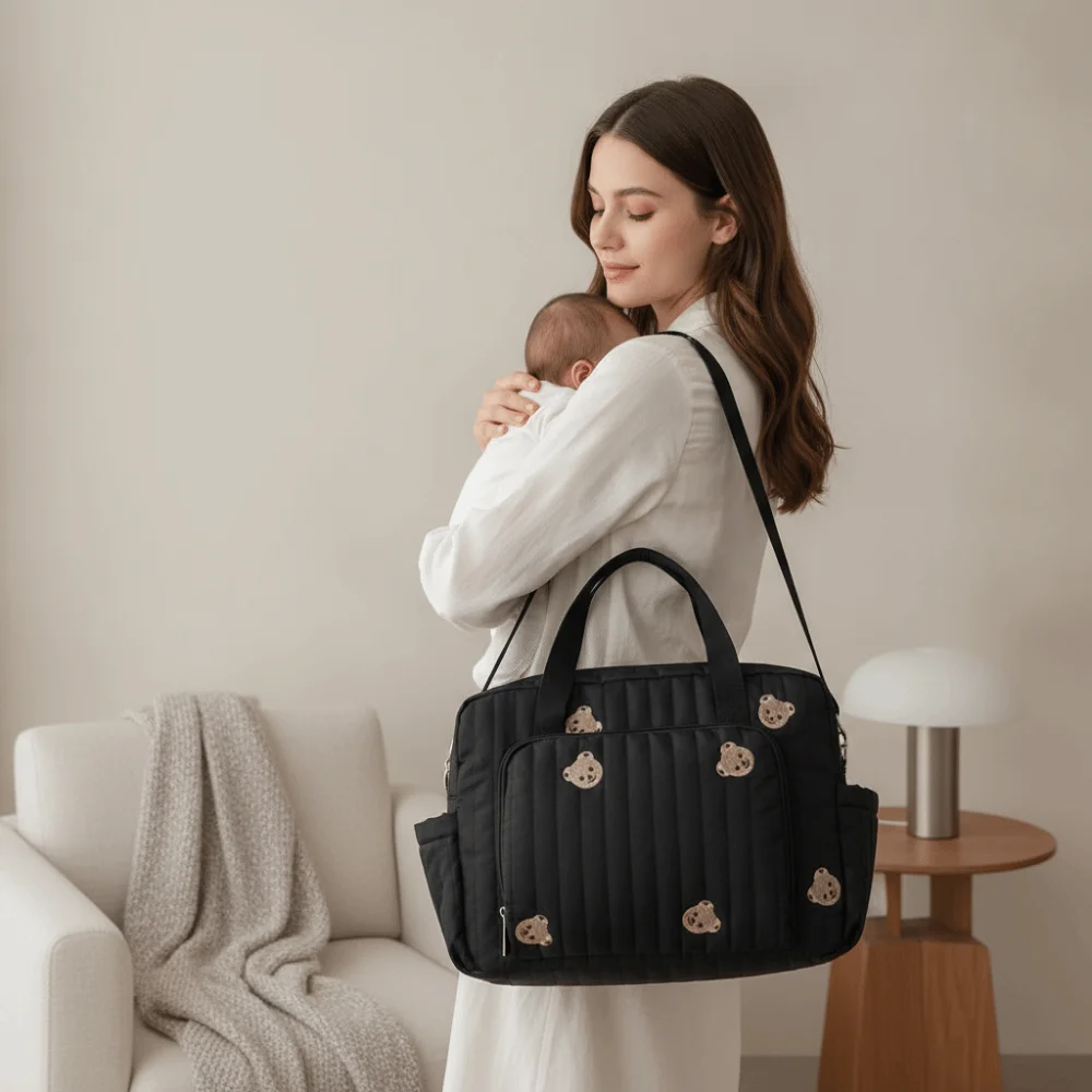 Durable Cartoon Diaper Organizer Large Capacity Lightweight Cotton Handbag Soft-touch Cotton Stroller Hanging Pack Parents