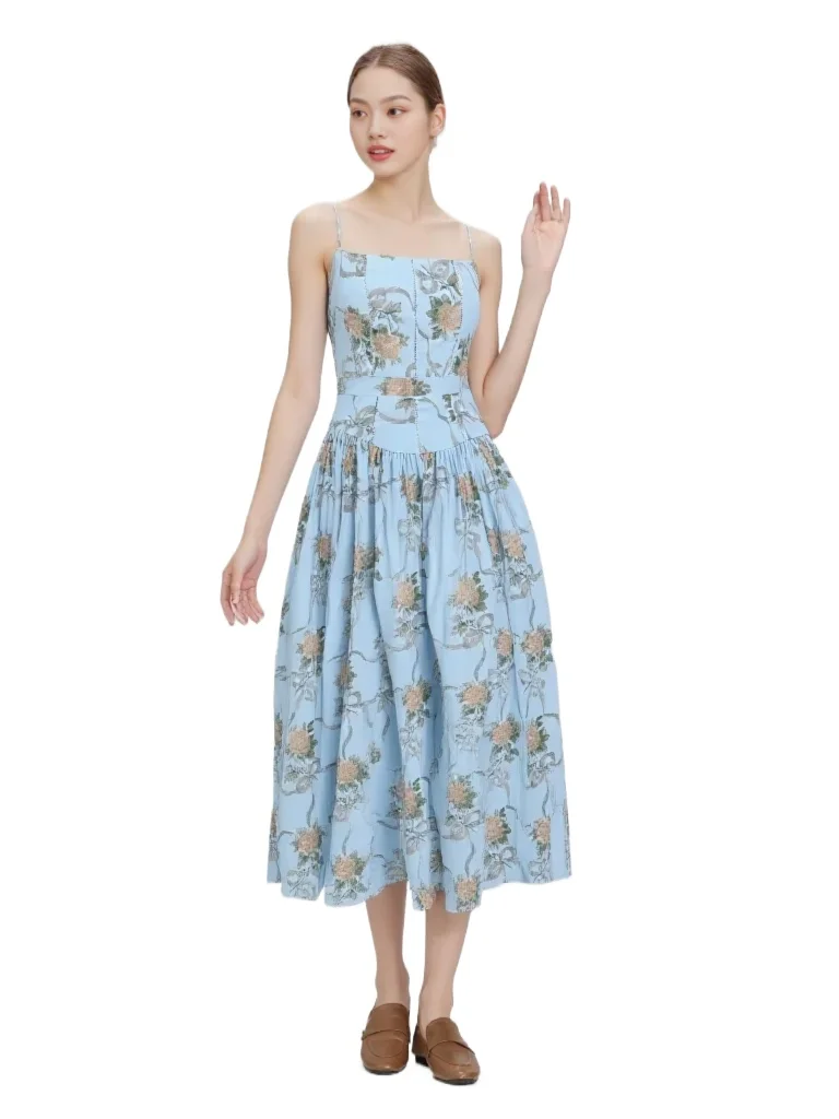 

Fresh Print Flowers Sleeveless Spaghetti Straps Long Dress Blue