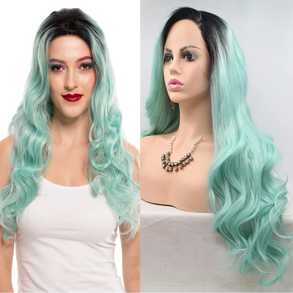 Mint Green Lace Front Wig  Heat Resistan  Fiber Deep  Dark Roots Middle Parting   24 Inch Hair  Water Wave Natural  150%Density