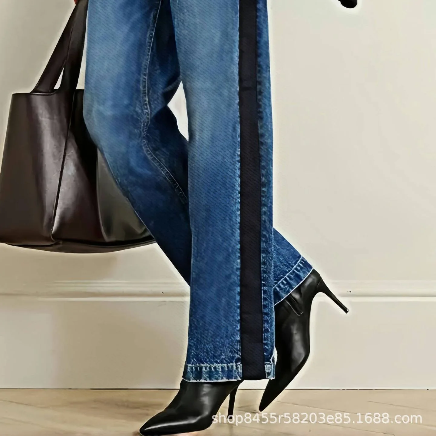 Colorblock Straight Jeans Women Floor Length Washed Pockets Patchwork Elastic Waist Lace Up Denims Straight Trousers Streetwear