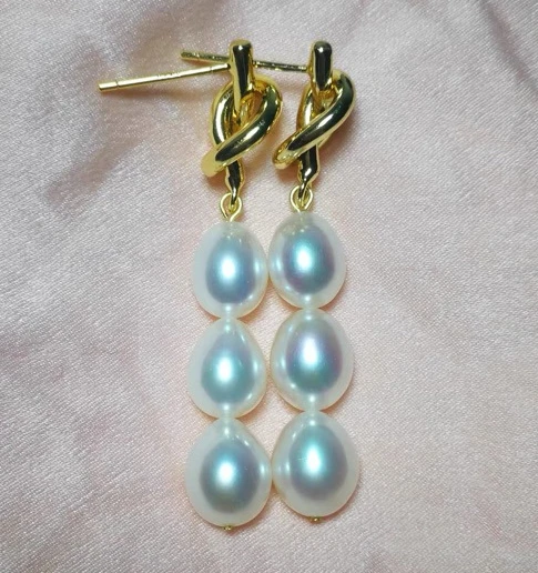 6-7MM Natural Pearl National Wind Long Three Pearl Earrings Sterling Silver 925