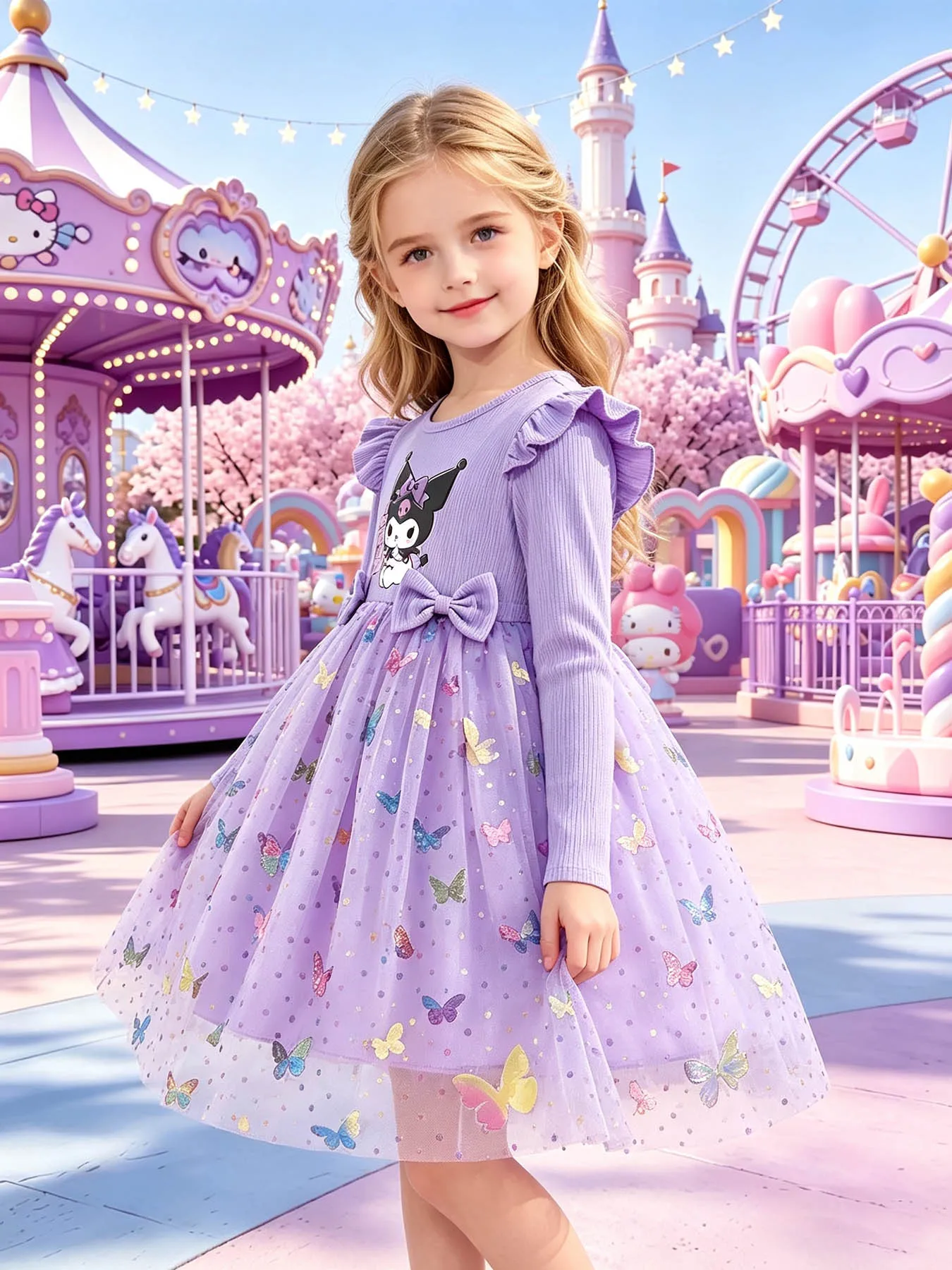 Girls' Purple Kuromi Long-sleeve Princess Dress, Flutter Sleeve Ribbed Knit with Colorful Sequin Butterfly Tulle Tutu Skirt