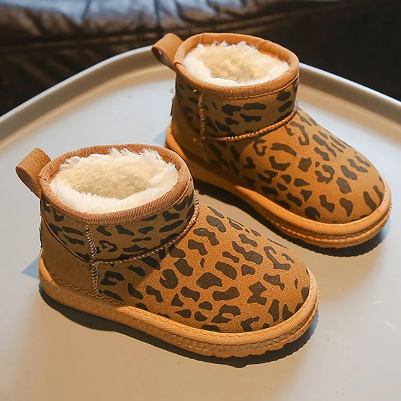 Winter Plush Boots For Children Trend Fashion Leopard Teenager Girl's Snow Boots Soft-soled Thick Warm Faux Fur Cotton Shoes Kid